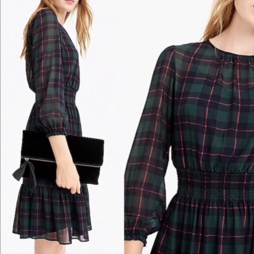 Cinched Waist Black Watch Plaid Chiffon Dress